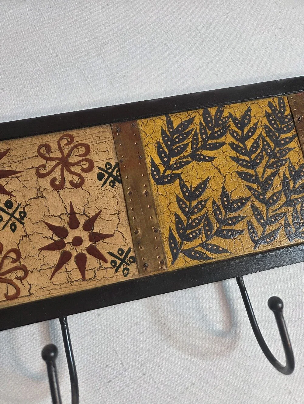 Pier 1 Imports Boho Batik Wall Hook Rack Hand Painted Wood Metal